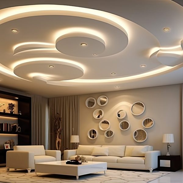 an empty room in an apartment or house, featuring an elegant white stretch ceiling with intricate shapes and integrated lighting. The complex ceiling design adds a touch of sophistication to the room